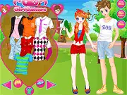 Anime Couple's First Love free online dress up game screenshot showing a cute anime couple on PlayArcadeHub