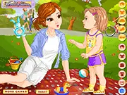 Funny Mom and baby dress-up game screen showing a mother and baby wearing matching colorful outfits