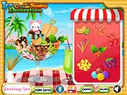 Ice Cream Sundae Decoration game screen showing a finished ice cream dessert with whipped cream, cherries, and chocolate sauce