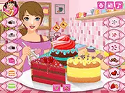 Free online cake decoration game Ella's Tasty Cakes on PlayArcadeHub, showing a cake with colorful toppings