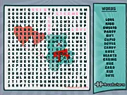 Screenshot of the Teddy Valentine's Word Search game with a large letter grid, a list of Valentine's Day themed words to find, and a cute teddy bear graphic in the background.