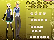 Kagamine Rin and Len dress up game screenshot showing the Vocaloid twins being styled with new outfits and hairstyles