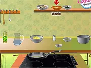 Screenshot of the Pasta Funghi cooking game showing pasta, mushrooms, and other ingredients being prepared in a kitchen