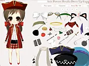 Axis Powers Hetalia Dress Up game screenshot showing a customizable Hetalia character with various historical and fantasy robes and accessories laid out.