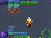 Gameplay screenshot of Dimensions showing a small monk character standing on a platform in an abstract, multi-colored dimensional space, surrounded by floating stones