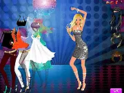 Fashion game screenshot from Disco Balls Dressup showing a lady in a glamorous 70s outfit ready to dance under a sparkling disco ball