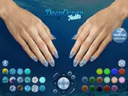 Screenshot of Deep Ocean Nails game showing a hand with nails adorned with beautiful ocean-themed art, including seashells and glitter.