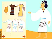 Ancient Syrian Dress Up game screen, male character wearing an Assyrian loincloth and wrapped garment with a pointy beard, free historical fashion game