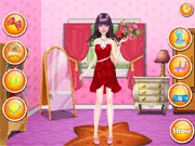 Screenshot of the Valentine's Day Dress Up game showing a female character with a variety of stylish dresses and accessories like a heart-shaped bag and high heels laid out for the player to choose from.