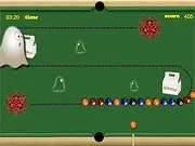 Arcade screenshot of the Ghost Pool game showing a cue ball being aimed at moving colored balls on a pool table to create a match-3 group