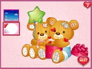 Screenshot of the Sweet Valentine Puzzle game showing a digital jigsaw puzzle of a heart-shaped image surrounded by colorful sweets, with pieces scattered for the player to arrange.