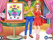 Screenshot of the 'Painting of Love' game showing a girl in a stylish outfit next to an easel with a partially finished romantic painting, surrounded by color palettes and brushes.