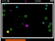 Pixel art screenshot of the top-down 2D shooter game Retro Assault showing a space fighter attacking enemy ships amidst a flurry of bullets