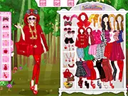 Red Today dress up game screenshot showing a fashionable character in elegant attire standing in a beautiful, vibrant forest