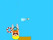 Wasser Ski free online game screenshot, a character on water skis collecting plastic bottles and jumping off a ramp on the water