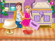 Romantic Dinner online game screen showing a beautifully decorated table with candles, flowers, a delicious cake, and a sumptuous entrée