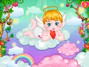 My Little Cupid character being dressed up with wings, a bow and arrow, and a cute outfit for his first big day
