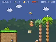 The cute cartoon character Charlie the Duck jumping over an obstacle in the free online platformer game