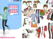 The Snowy Day free online dress up game interface, featuring a girl model in a wintry outdoor setting, ready to be dressed in fashionable and warm layered clothing.