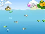 Online harpoon game Lord of Harpoon, showing a man aiming a harpoon gun underwater at multiple small and large fish