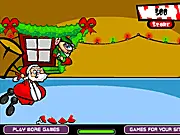Rebel Noel free online endless runner game screenshot showing an elf running from Santa Claus with a hammer on PlayArcadeHub