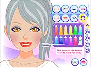 Girl Fashion Salon free online game screenshot showing a girl with full makeup, styled hair, and a fashionable outfit, play Girl Fashion Salon on PlayArcadeHub