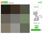Repixel Find a Cat online game screen showing a blurred, pixelated image with a hidden cat silhouette