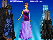 Screenshot of Eight Dresses for Anna game showing the character Anna wearing one of the eight available elegant dresses
