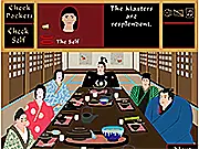 Screenshot from The Master of Time adventure game showing the character Janet inside the strange, newly built inn