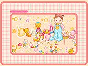 Screenshot of Baby Dason game showing the baby girl sitting in a nursery with colorful toys, play free online babysitting game