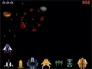 Screenshot of Convoy Defense space shooter game showing a spaceship defending a convoy from alien fighters.