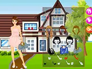 Screenshot of Model House Dressup game showing a model posing in a beautiful, stylish outfit inside a luxurious house.
