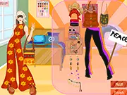 Screenshot of the 70s Fashion Dress Up game showing a model in a vibrant patterned jumpsuit and platform shoes with a selection of 1970s-themed clothes and hairstyles.