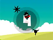 Ninyung free online game screenshot showing a small character jumping to evade multiple sharp shurikens flying across the screen