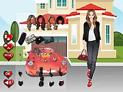 Screenshot of the My Dream House & Car Dressup game, showing a fashionable woman standing in front of a luxury car and modern house.