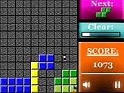 Screenshot of the Slag game, showing falling Tetris blocks used as platforms for a small character to jump across, avoiding a fall.