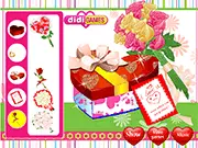 A beautifully wrapped and decorated Valentine's Day gift box with ribbons and hearts, designed in the free online game 'Valentine's Gift Design'.