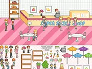 Screenshot of Super Juice Shop game interface showing the counter, a character making a fresh juice blend, and customers waiting for their fruit drinks.