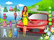 Screenshot from Lady in Red Car Dressup game showing a stylish woman modeling a fashionable outfit next to a glossy red sports car.