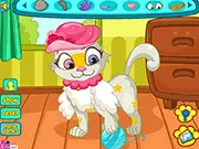 Screenshot of Kitty To Be cat grooming game, showing an adorable kitten wearing a bow and a crown, play free online pet style game