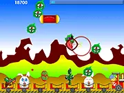 Gameplay screenshot of the Bunny Defense Force game showing a weapon firing at alien ships, with an overheat bar visible at the top.