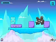 Icesters Trouble game screen showing small creatures ('Icesters') balanced precariously on ice blocks above a safe platform, free online physics puzzle game