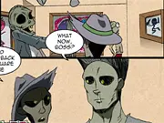 Detective Margh, the zombie protagonist, investigating a scene in the Zombie Society 3 interactive comic game