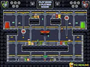 Catch the Coin game screenshot showing a red robot and a green robot racing to collect coins while avoiding geometric traps in a two-player competitive environment