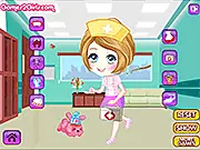 Cute pet nurse character dressed in a stylish scrub uniform ready to care for animals at the hospital
