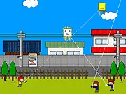Kite Battle free online game screenshot showing two competing kites attempting to cut each other's strings near power lines.