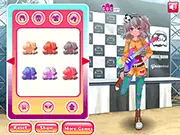 Screenshot of the Rockstar Avatar Dressup game showing a stylish female avatar with pink hair, a leather jacket, and rock-themed accessories, ready to play free online.