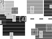 Screenshot of the abstract arcade game [Bracket, Space, Bracket] showing two white brackets shooting beams at incoming colorful geometric shapes