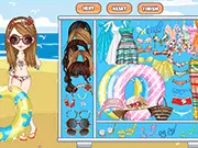 Screenshot of the Beach Look Dress Up game showing a fashionable girl in a swimsuit standing on a sandy beach background
