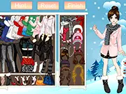 Cute Winter Coat Dressup free online game screenshot showing a girl wearing a stylish winter coat, hat, and scarf against a snowy background.